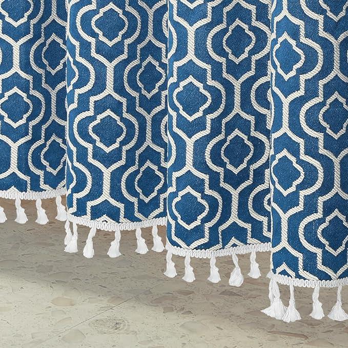 MitoVilla Blue Boho Shower Curtains for Modern Farmhouse Bathroom Decor, Bohemia Geometric Country Thick Cotton Fabric Shower Curtain, Rustic Tassel Cloth Shower Curtain, 72 x 72 - ModernBath