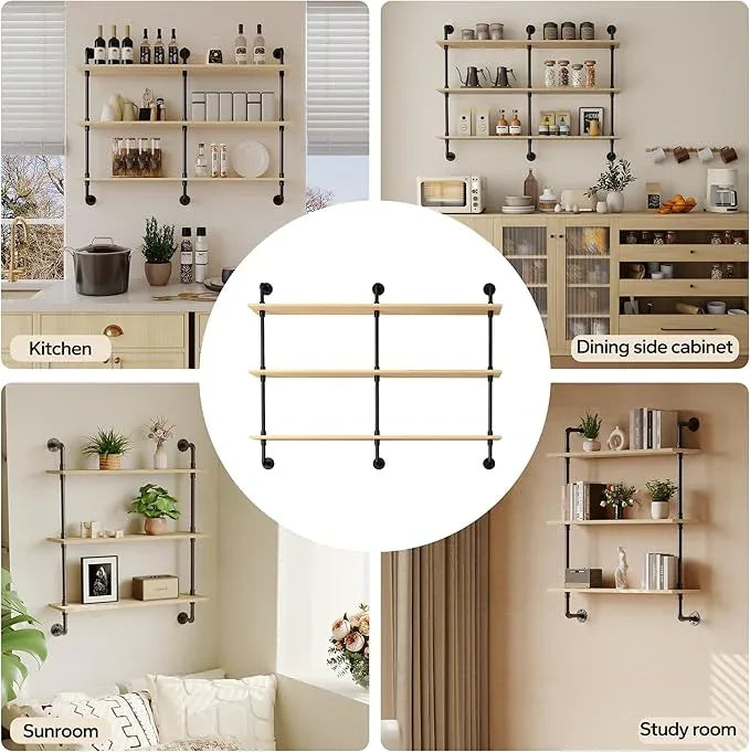 3-Tier Industrial Pipe Floating Shelf – Rustic 48 inch Wood Wall-Mounted Storage Shelf for Kitchen Office,Bathroom & Home Decor -White Oak - ModernBath