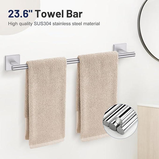5-Piece Brushed Nickel Bathroom Hardware Set, SUS304 Stainless Steel Bathroom Accessories Set 23.6 inches Towel Bar, Toilet Paper Holder with Shelf, Towel Ring and Two Towel Hooks Wall-Mounted - ModernBath