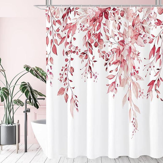 Gibelle Pink Eucalyptus Shower Curtain, Watercolor Plant Leaves with Floral Bathroom Shower Curtain Set, 72x72 - ModernBath
