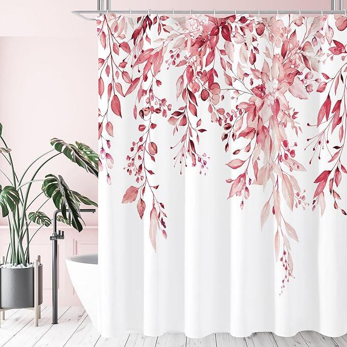 Gibelle Long Shower Curtain 72 x 78, Tall Pink Floral Shower Curtain for Bathroom, Watercolor Plant Eucalyptus Leaves Fabric Shower Curtain Set - ModernBath
