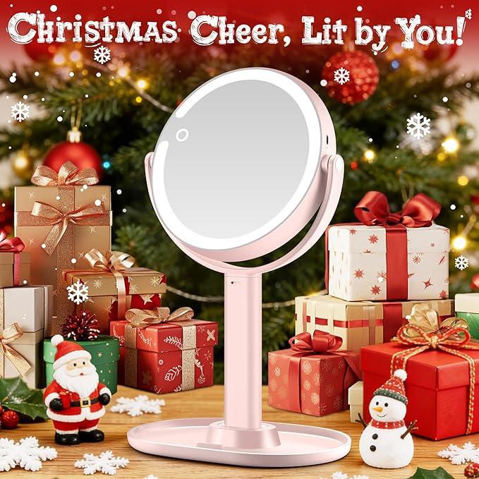 MOMOKUBA Makeup Mirror with Lights, Double Sided 1x/20x Magnifying Mirror with Light, Rechargeable 3 Color Lights and Adjustable Brightness, 360° Rotation Detachable Comes with Tweezer(Pink) - ModernBath