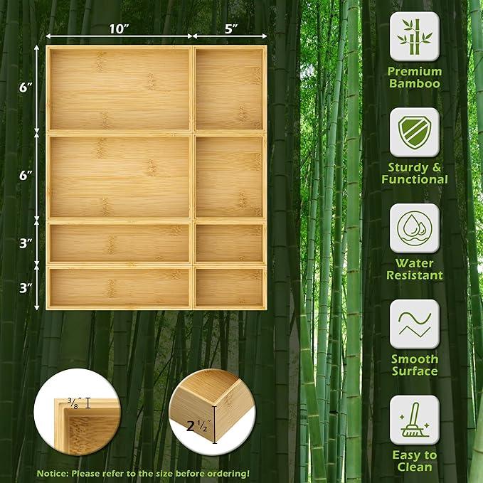 Bathroom Drawer Organizer Trays, Bamboo Silverware Drawer Organizer Kitchen Utensils, 8 PCS Wood Box Stackable Bins for Makeup, Office Desk, Vanity, Junk Drawer - ModernBath