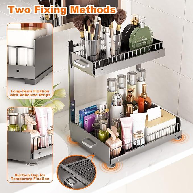 Under Sink Organizer,2 Tier Slide Out Kitchen Cabinet Organizers with Pulley,Under Bathroom Sink Pull Out Organizer with Multiple Height Adjustments for Kitchen and Bathroom Cabinets-Gray - ModernBath