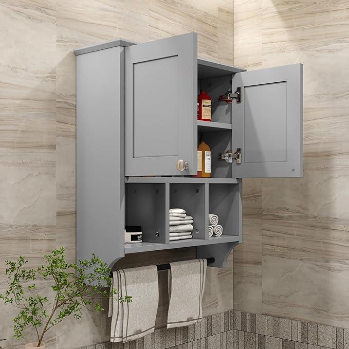 Medicine Cabinets, Bathroom Cabinet Wall Mounted 2-Door with 3 Open Shelves, Over The Toilet Storage Cabinet with Towels Bar for Toilet, Bathroom (Grey) - ModernBath