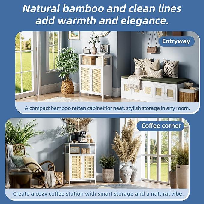 HITNET Bamboo Cabinet, Rattan Storage Cabinet with Doors, Freestanding Floor Cupboard for Bathroom, Living Room, Hallway, White - ModernBath