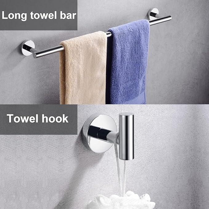5 Pieces Polished Chrome Bathroom Hardware Accessories Set, SUS304 Stainless Steel 24 Inch Bath Towel Bar Set, Round Bathroom Towel Holder Set, Towel Racks for Bathroom Wall Mounted - ModernBath