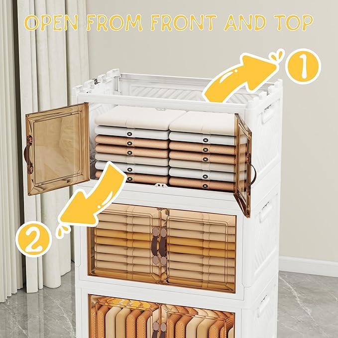 Storage Bins with Lids and Wheels, 440QT-110QT*4Tier Collapsible Bathroom Storage Cabinet with Clear Doors, Plastic Stackable Closet Organizers and Containers White - ModernBath