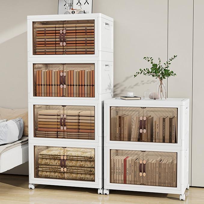 Storage Bins with Lids and Wheels, 660QT-165QT*4Tier Collapsible Bathroom Storage Cabinet with Clear Doors, Plastic Stackable Closet Organizers and Containers White - ModernBath