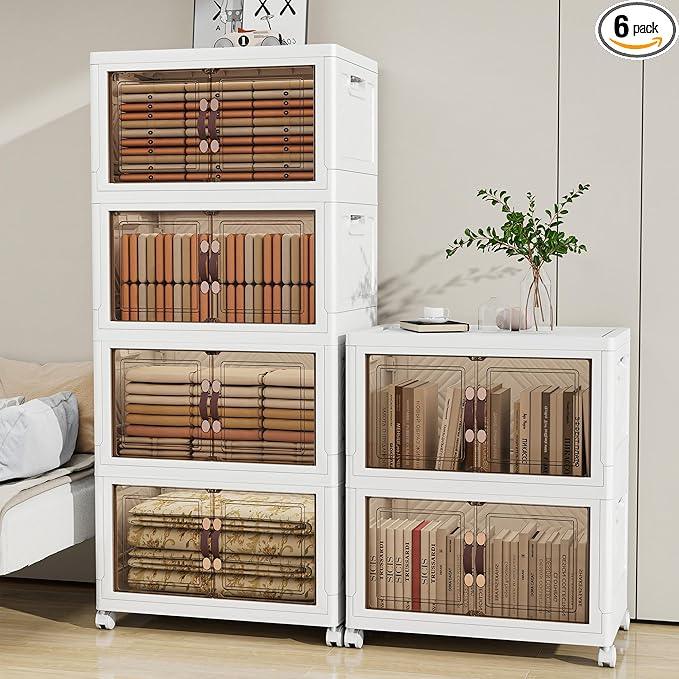 Storage Bins with 2 Lids and Wheels, 990QT-165QT*6Tier Collapsible Bathroom Storage Cabinet with Clear Doors, Plastic Stackable Closet Organizers and Containers White - ModernBath