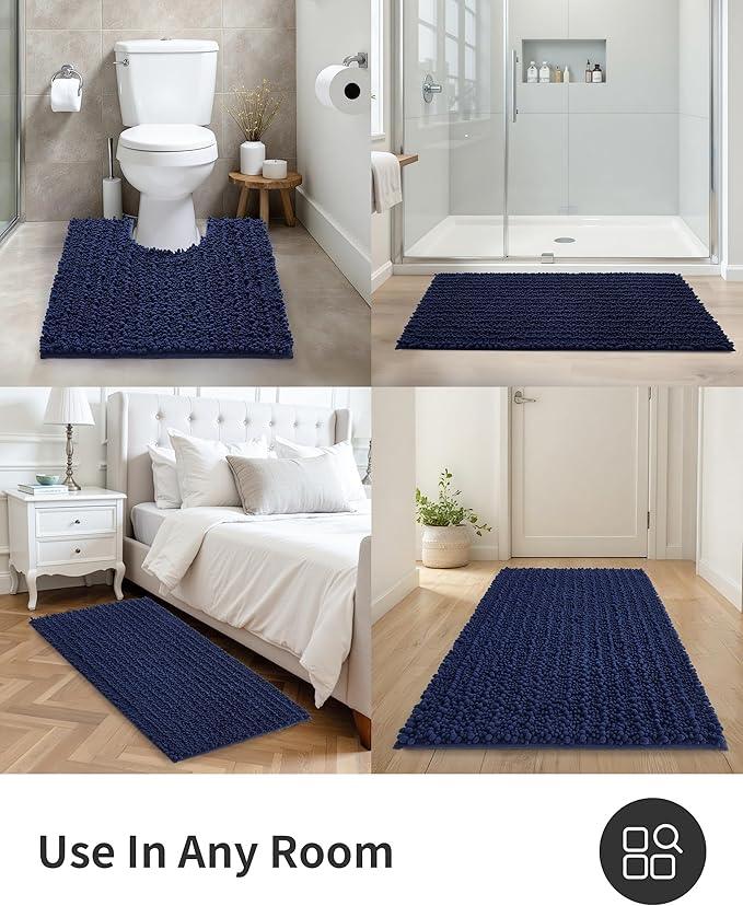 ILANGO Toilet Rugs U Shaped Navy Blue 24x24 Bathroom Rugs,Extra Soft Absorbent Chenille Bath Rugs,Thick Non-Slip Shaggy Bath Mat,Machine Washable Quick Dry Bath Mats for Toilet Contour - ModernBath