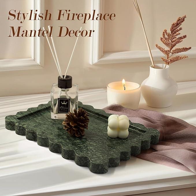 YMXYJM Genuine Indian Green Scalloped Marble Tray, Real Natural Marble Stone Trays, Luxury Decorative Trays for Bathroom, Dresser, Vanity, Home Decor, 10.6" x 8", Dark Emerald Green - ModernBath