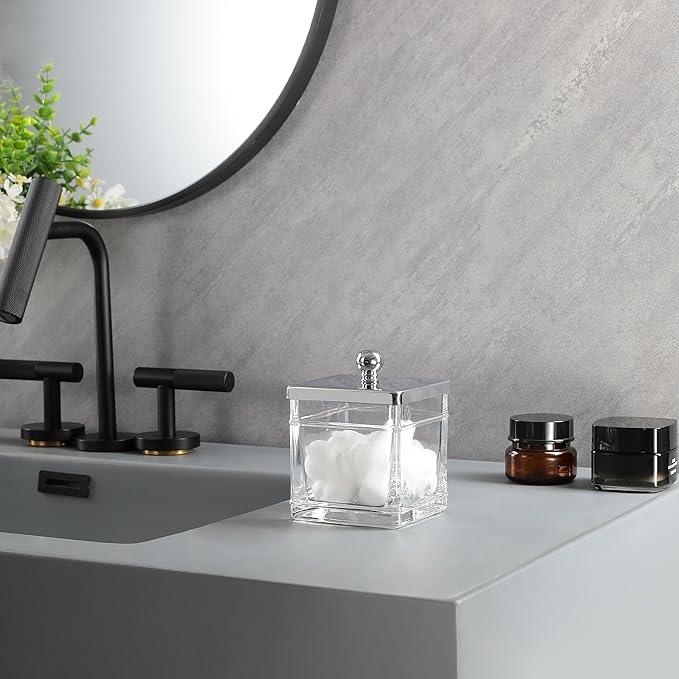 Indecor Home Apothecary Glass Cotton Jar Holder Silver Stainless Steel Lid, Elegant Bathroom Storage Canister for Qtips, Cotton Balls, Floss, Makeup Organizer, Vanity Bathroom Organization - ModernBath