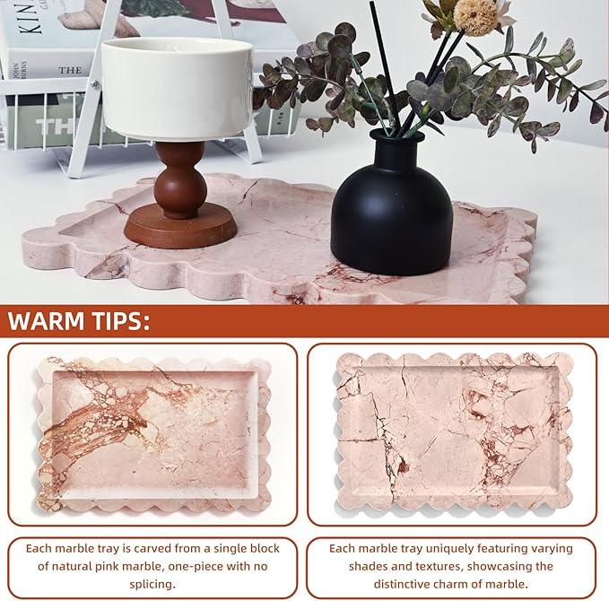 Yew & Tulip Natural Marble Vanity Tray with Scalloped Rim, Nature Rose Pink Luxury Stone Serving Tray for Bathroom, Kitchen, Vanity, Home Decor, Wedding etc. (12"x 8" x 0.6") - ModernBath