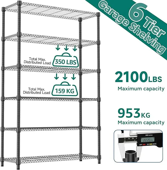 6 Tiers Shelf 2100 lbs Steel Storage Shelving Utility Shelving Unit Steel Organizer Wire Rack for Home,Kitchen,Office,Garage Black 17.7" D x 47.2" W x 82.4" H - ModernBath