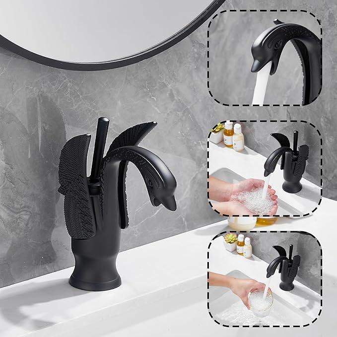 GGStudy Bathroom Faucet Matte Black Swan Single Handle 1 Hole Bathroom Vanity Faucet Basin Tap Deck Mount Lavatory - ModernBath