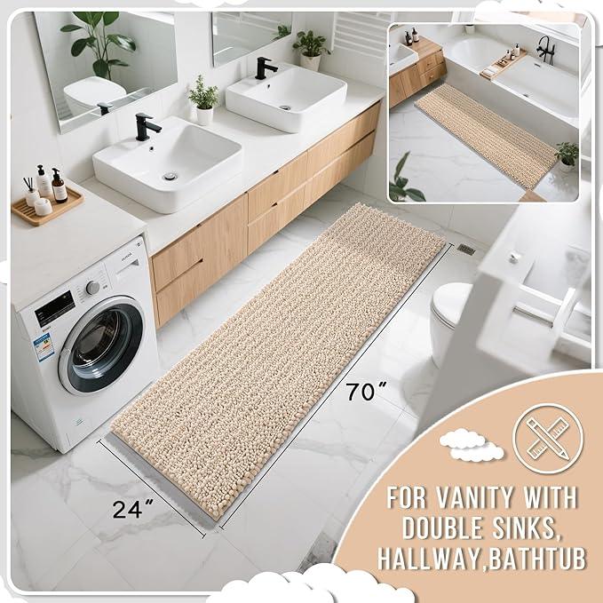 Yimobra Bathroom Runner Rug 70x24 Inch - Extra Long Non Slip Chenille Bath Mat, Soft & Absorbent, Machine Washable Shaggy Hallway Carpet for Vanity Tub Shower, Light Brown Home Decor Accessories - ModernBath