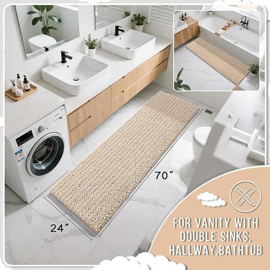 Yimobra Bathroom Runner Rug 70x24 Inch - Extra Long Non Slip Chenille Bath Mat, Soft & Absorbent, Machine Washable Shaggy Hallway Carpet for Vanity Tub Shower, Light Brown Home Decor Accessories - ModernBath
