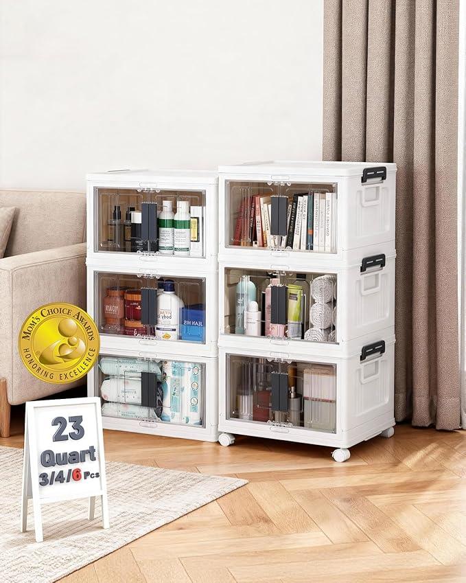 OlarHike 23QT Stackable Storage Bins with Lids - Folding Storage Box with Doors and Wheels, Collapsible Plastic Storage Drawers for Closets, 6 Pack Cubes - ModernBath