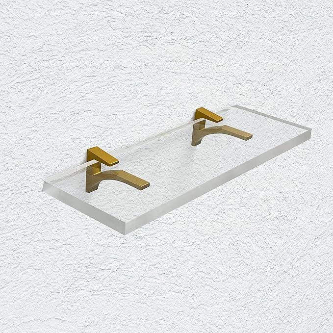 Clear Acrylic Shelves 6" W x 16.5 L, 3/4" Thick Wall Mounted Transparent Acrylic Shelves for Bedroom, Living Room, Bathroom, Kitchen -‎ Brass Brackets, Pack of 2 - ModernBath