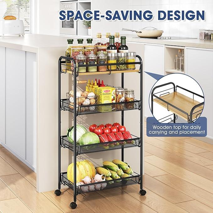 TOOLF 4-Tier Rolling Cart, Metal Utility Cart, Slide Out Storage Cart with Wooden Tabletop and Mesh Baskets, Easy Assemble Trolley for Kitchen Bathroom Laundry Room Bedroom Apartments Dormitory - ModernBath