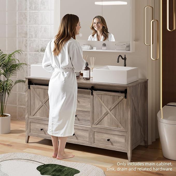 VNN Bathroom Vanity with Sink - 60 Inch Bathroom Vanity Double Sink Ceramic, Freestanding Cabinet with 2 Farmhouse Sliding Barn Doors and 5 Drawers, Space-Saving Storage Cabinet, Grey Wood Grain - ModernBath