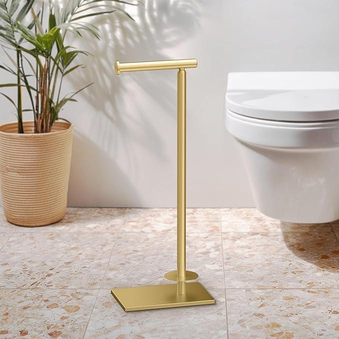 Gatco 1443B, Modern Rectangle Base Freestanding Toilet Paper Holder with Storage, 21.13”H, Brushed Brass - ModernBath