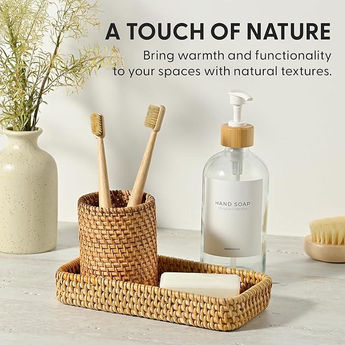 MaisoNovo Rattan Bathroom Set - Clear Countertop Dispenser, Toothbrush Holder & Toothpaste Cup with Tray - Set of 3 - Rattan Bathroom Vanity Trays Rectangle for Storage - ModernBath