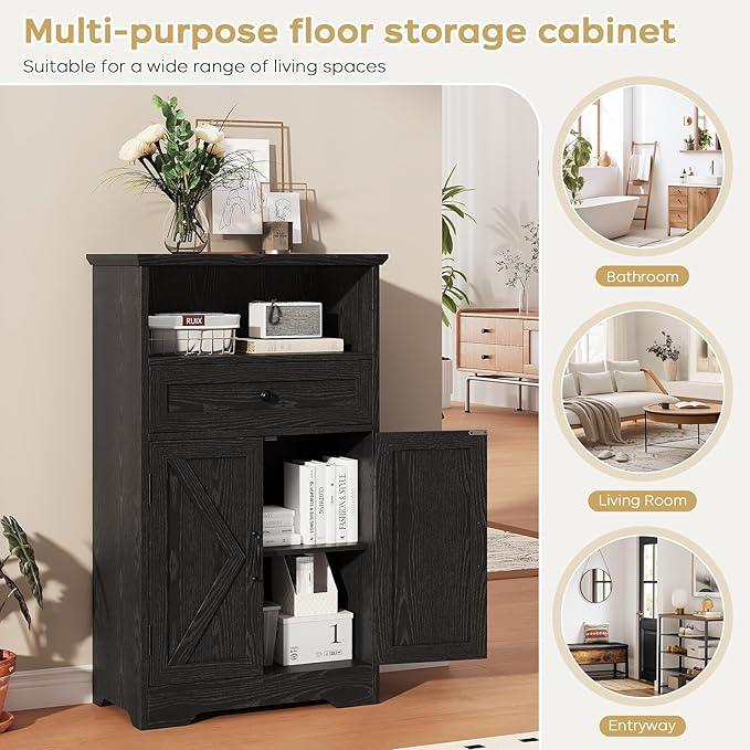 Floor Cabinet, Farmhouse Storage Cabinet with Barn Doors and Drawer, 11.81" D x 23.62" W x 39.37" H Black Freestanding Adjustable Shelf Organizer for Bathroom, Kitchen, Living Room - ModernBath