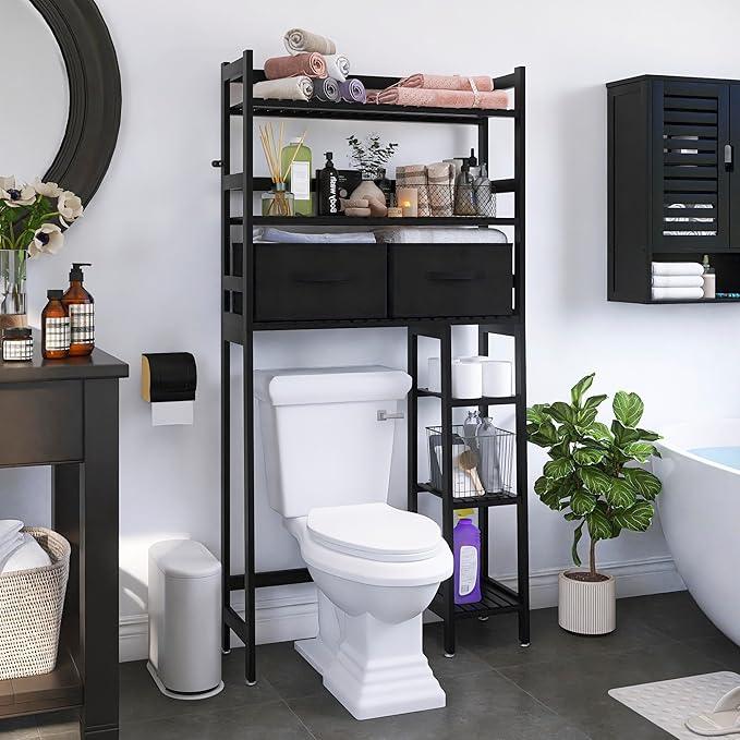 SMIBUY Over-The-Toilet Storage Rack, 6-Tier Bamboo Large Bathroom Organizer with Side Shelves and 2 Drawers, Stable Freestanding Space Saver for Bathroom, Laundry Room(Black) - ModernBath