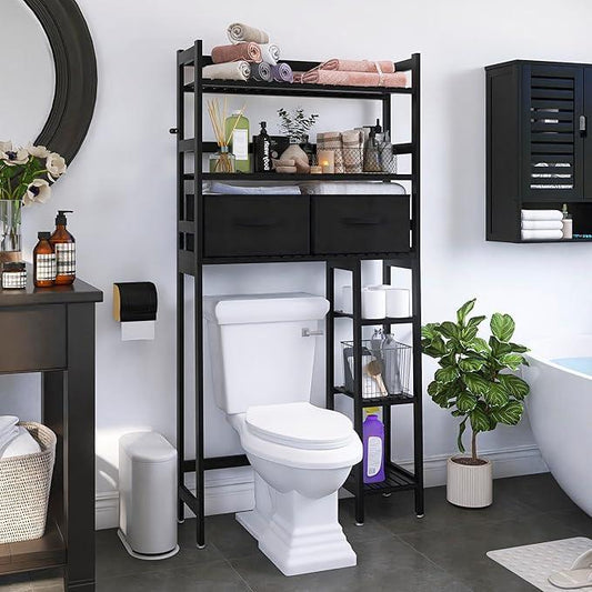 SMIBUY Over-The-Toilet Storage Rack, 6-Tier Bamboo Large Bathroom Organizer with Side Shelves and 2 Drawers, Stable Freestanding Space Saver for Bathroom, Laundry Room(Black) - ModernBath