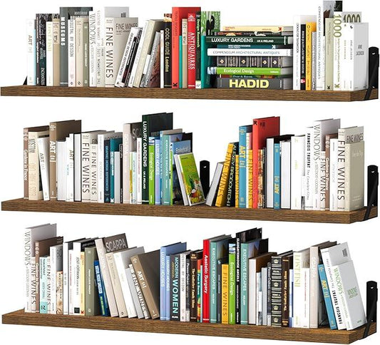 upsimples Floating Book Shelves for Wall, 35.4 Inches Long Floating Wood Shelves for Living Room, Library, Bedroom, Office Organizer and Storage, Brown - ModernBath
