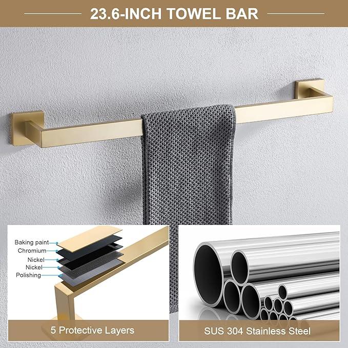 TQKAG 6-Piece Bathroom Towel Bar Sets Brushed Gold 23.6 inch Towel Bar Stainless Steel Towel Ring Coat Hook and Toilet Paper Holder Bathroom Hardware Set Wall Mounted Bathroom Accessories Kit - ModernBath