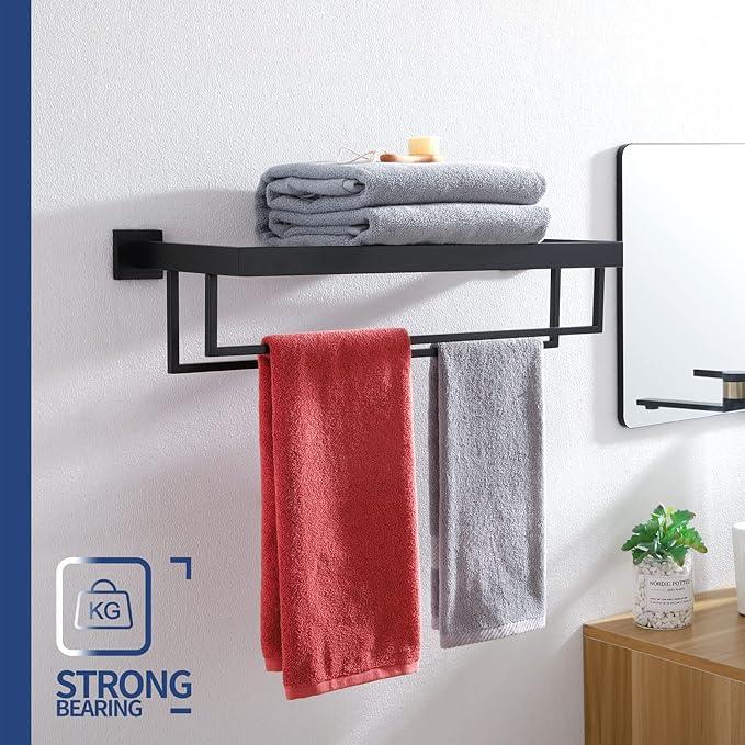 KOKOSIRI Matte Black Towel Rack 24'' Bathroom Towel Shelf with Double Towel Bars SUS304 Stainless Steel Wall Mounted, B6003BK - ModernBath