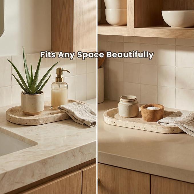 FS NANO 10"x5" Beige Natural Travertine Tray a Decorative and Catchall Organizer for Marble Vanity and Bathroom Countertop for Jewelry Perfume and Candles - ModernBath