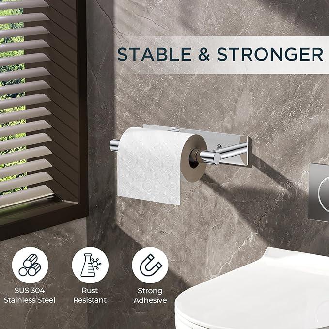 FORIOUS Toilet Paper Holder, Adhesive or Wall Mounted Options, Stainless Steel Rustproof Stick on no Drilling Double Post Pivoting Toilet Tissue Roll Holder Wall Mount for Bathroom, Polished Chrome - ModernBath
