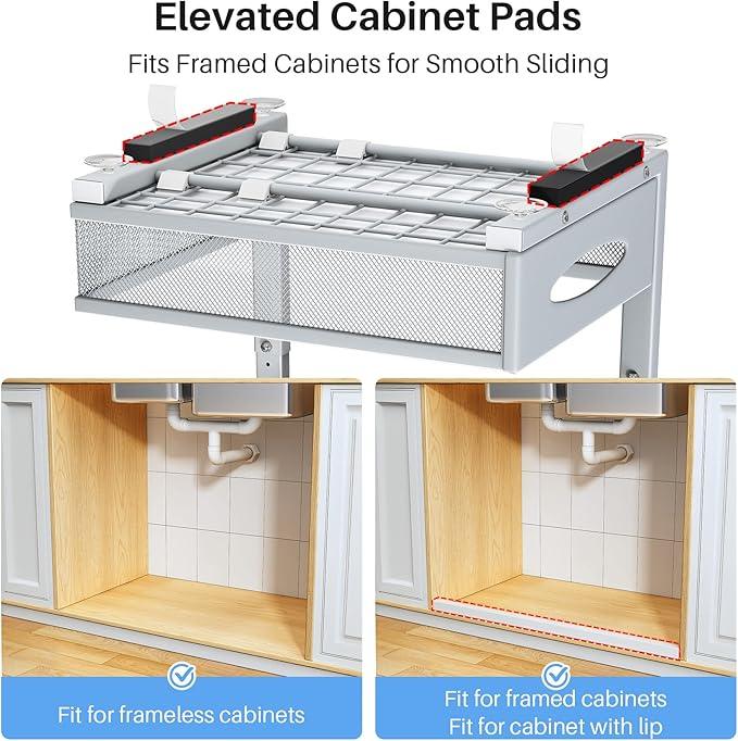 Under Sink Organizer, 2 Pack 2 Tier Pull Out Under Cabinet Organizer Shelf with Pad for Framed Cabinets, Metal Slide Out Under Sink Storage, Mesh Sliding Drawers for Kitchen Bathroom Laundry, Grey - ModernBath