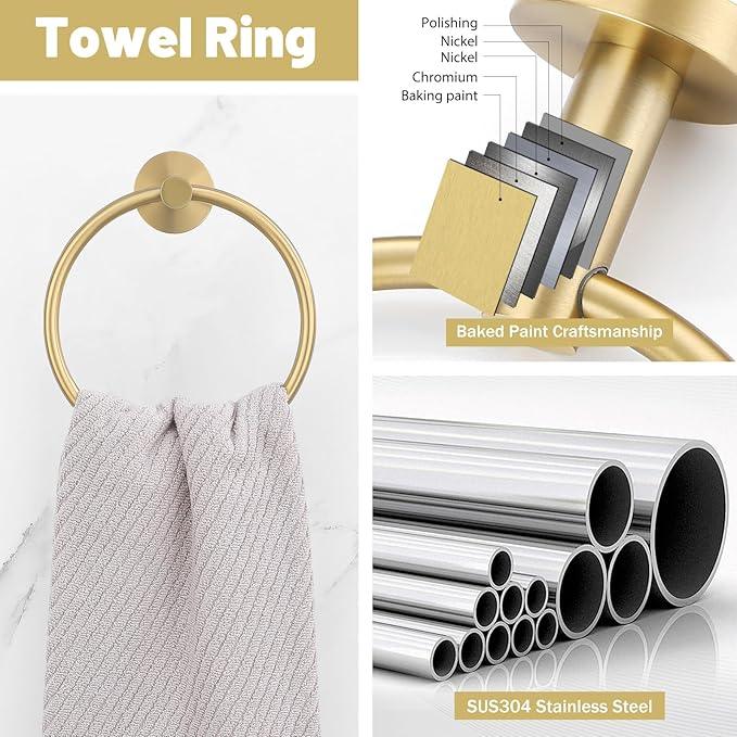 Brushed Gold Towel Bar Set 10 Pieces Bathroom Hardware Accessories Set Towel Rack Set for Bathroom SUS304 Stainless Steel Toilet Paper Holder Wall Mounted, 23.6 Inch - ModernBath