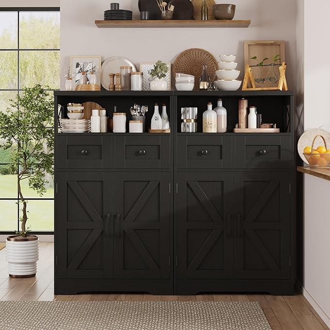 Black Farmhouse Kitchen Pantry Cabinet With Doors and Shelves, Coffee Bar Storage, Freestanding Floor Hutch Cupboard for Kitchen, Laundry, Living Room - ModernBath