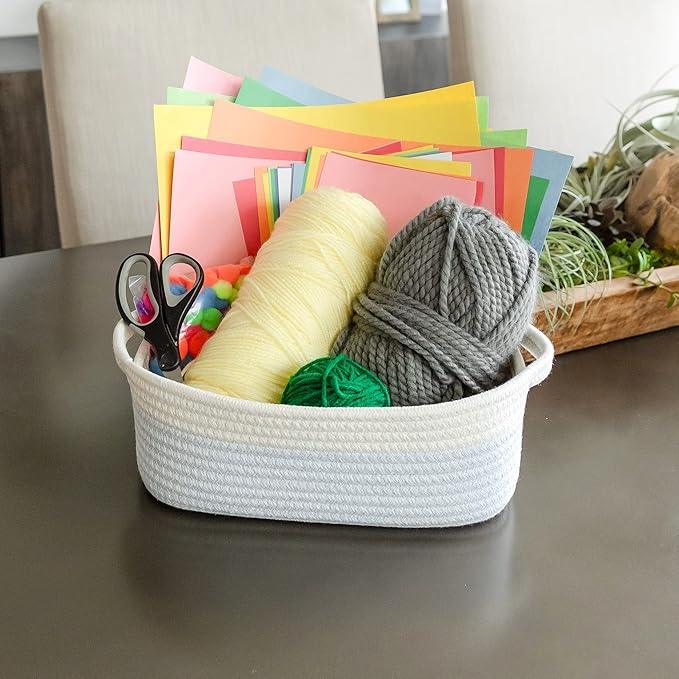 NaturalCozy 5-Piece Rectangle Storage Basket Set- Natural Cotton Rope Woven Baskets for Organizing! Small Basket for Montessori, Baby Nursery, Dog Toy Baskets, Cat Toy Box, Bathroom Organization Bin - ModernBath