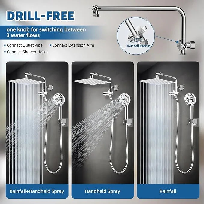 12" All Metal Shower Head, High Pressure Rainfall Shower Head/Handheld Showerhead Combo with 11" Adjustable Shower Extension Arm, 71" Hose, Shower Head Holder, Chrome - ModernBath