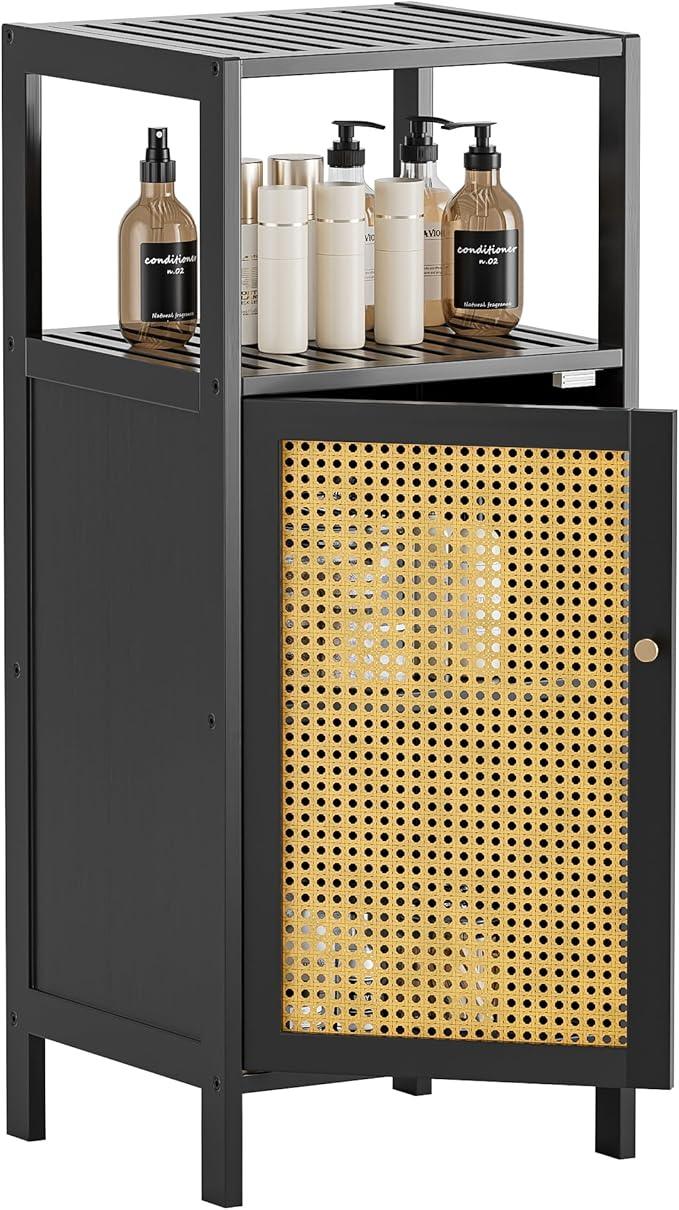 HITNET Bamboo Floor Cabinet, Small Bathroom Storage Cabinet with Single Rattan Door, Narrow Side Storage Organizer Unit Freestanding Space Saving Kitchen Cupboard, Black - ModernBath