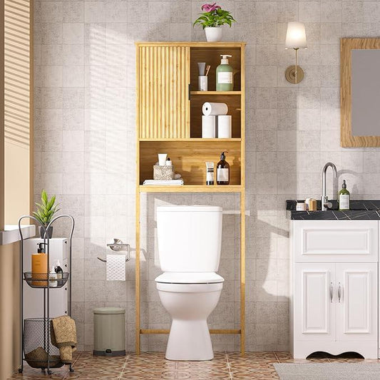 MUPATER 66.9” Bamboo Over The Toilet Storage Cabinet, Bathroom Space Saver, Bathroom Freestanding Over The Toilet with Open Storage, Natural - ModernBath
