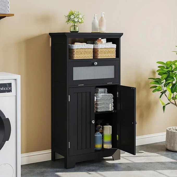 ChooChoo Freestanding Bathroom Cabinet with Flip Glass Drawer, 2 Doors, Adjustable Shelf, Open Storage for Bathroom, Living Room, Hallway, Black - ModernBath