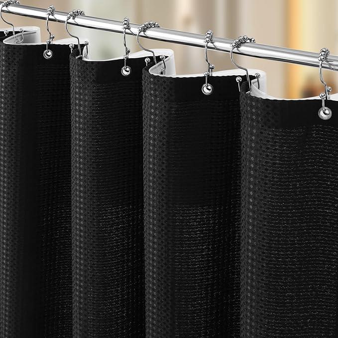 Vipfree 3 in 1 Shower Curtain Set, Waffle Shower Curtain and Liner Set with 12 Double Sided Shower Curtain Hooks, 258GSM Luxury Weighted Cloth Shower Curtains for Bathroom, 72 W x 84 H, Black - ModernBath