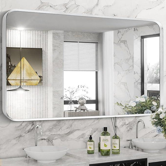 Minuover Brushed Nickel Bathroom Wall Mirror, Silver Metal Framed Large Rounded Corner Rectangle Mirror, Tempered Glass, Shatter Proof, Hangs Horizontally or Vertically (28" x 60", Silver) - ModernBath