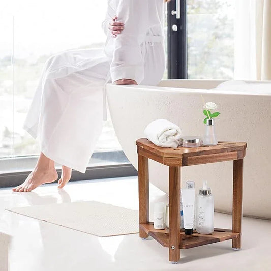 Boulphia Shower Foot Rest 14in, Acacia Wood Shower Stool for Shaving Legs, Waterproof Corner Shower Stool with Storage Shelf for Inside Small Shower Spaces, Wood Color - ModernBath
