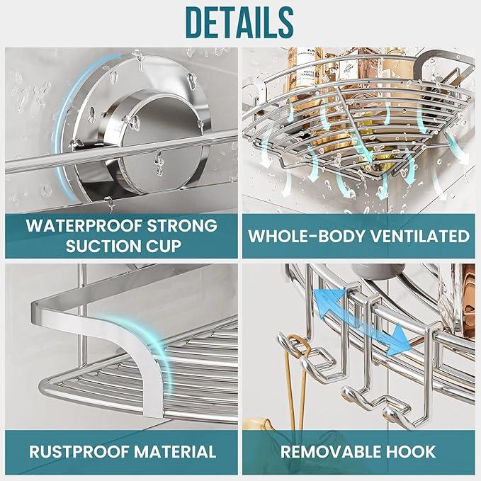 TAILI 2 Pack Powerful Suction Cup Corner Shower Caddy, Stainless Steel Rustproof Shower Shelf with Hook, Drill-Free Wall Mounted Basket, Large Capacity Removable Suction Cup Bathroom Organizer, Silver - ModernBath