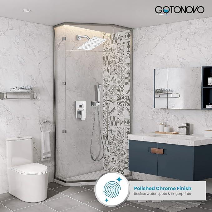gotonovo Rainfall Bathroom Shower System Rain Shower Head and Handle Set Wall Mounted Shower Complete Combo Solid Brass Pressure Balancing Shower Mixer Valve 8 Inch Polished Chrome - ModernBath