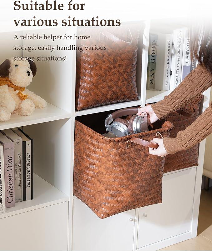 13x15x13 Woven Laundry Basket Hamper, Storage Basket for Clothes Blankets, 4-Pack Wicker Bin for Closet Shelves Bedroom Bathroom, Brown - ModernBath